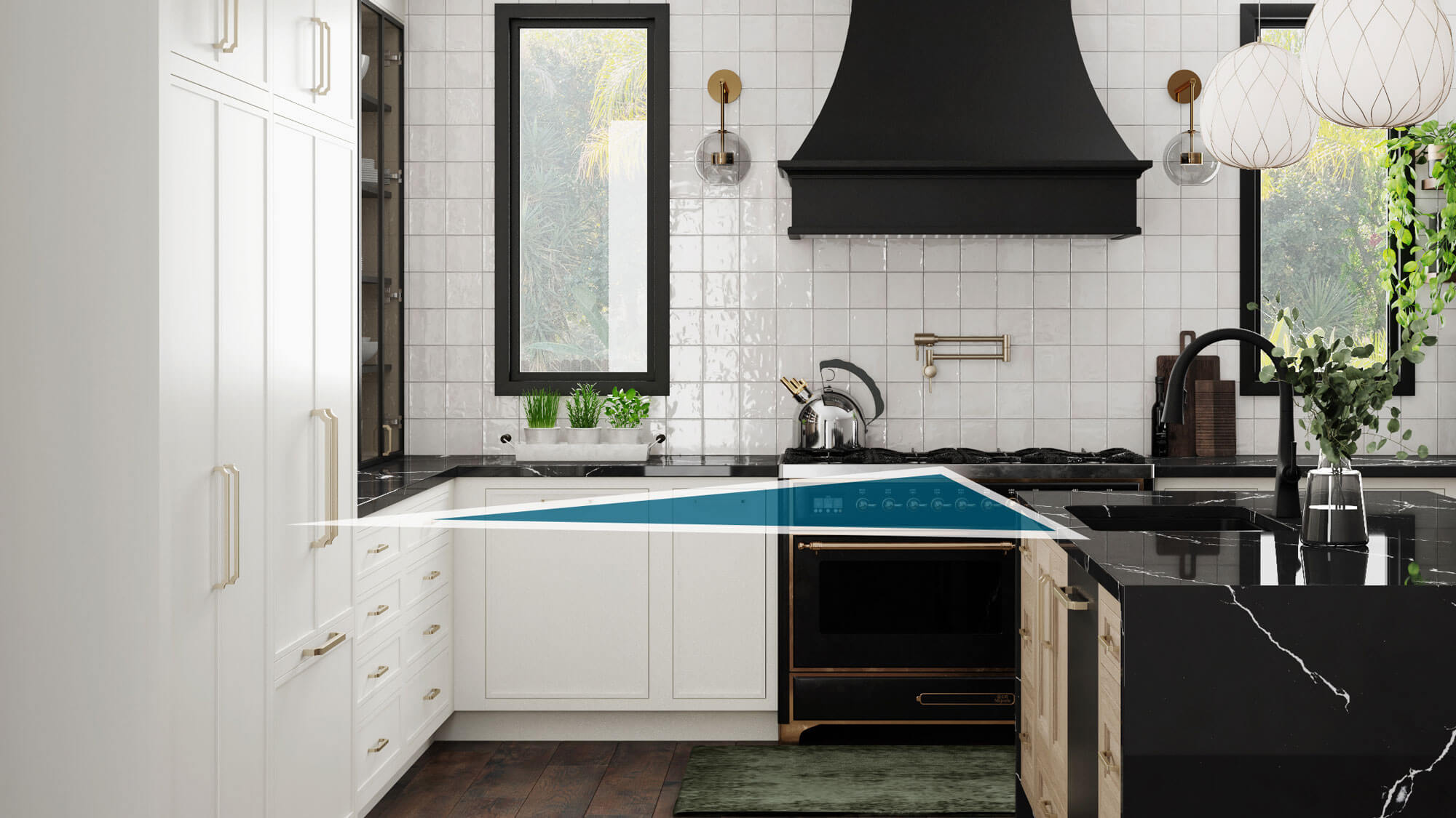 A well-designed kitchen remodel with a streamlined kitchen work triangle. Highlighting where the triangle legs layout.