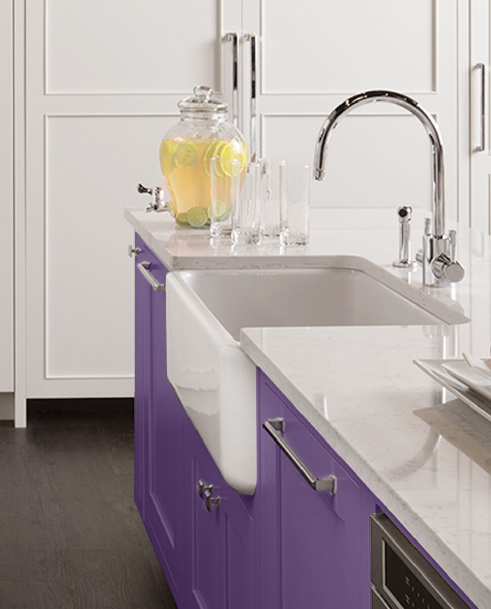 This Dura Supreme kitchen uses “Impulsive Purple” Personal Paint Match on the kitchen island to create a focal point.