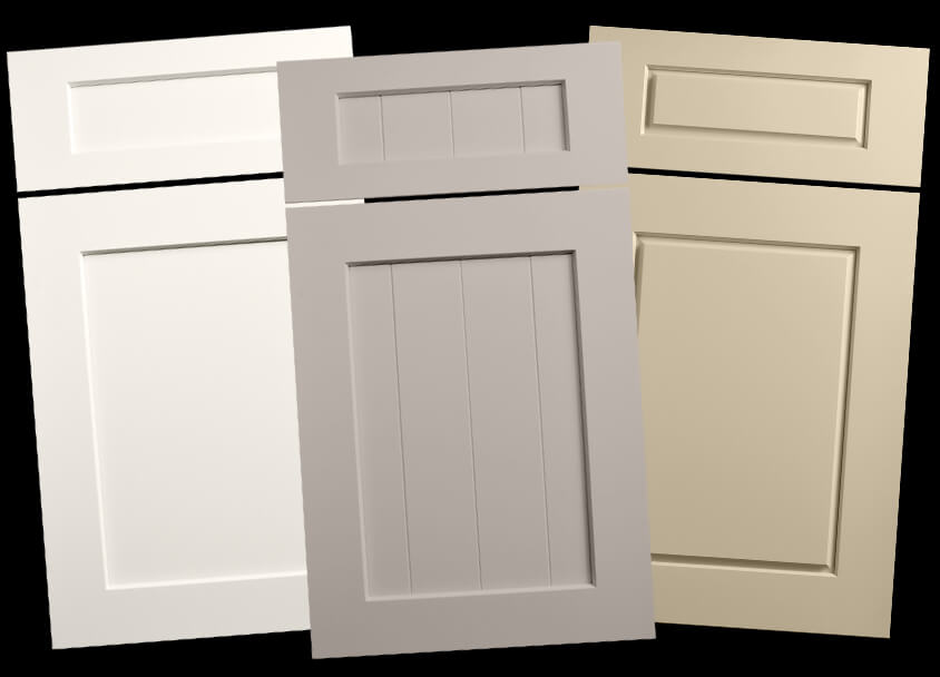 Dura Supreme's Carson door style (left), Carson V-Groove door style (middle), and Chelsea door style (right)