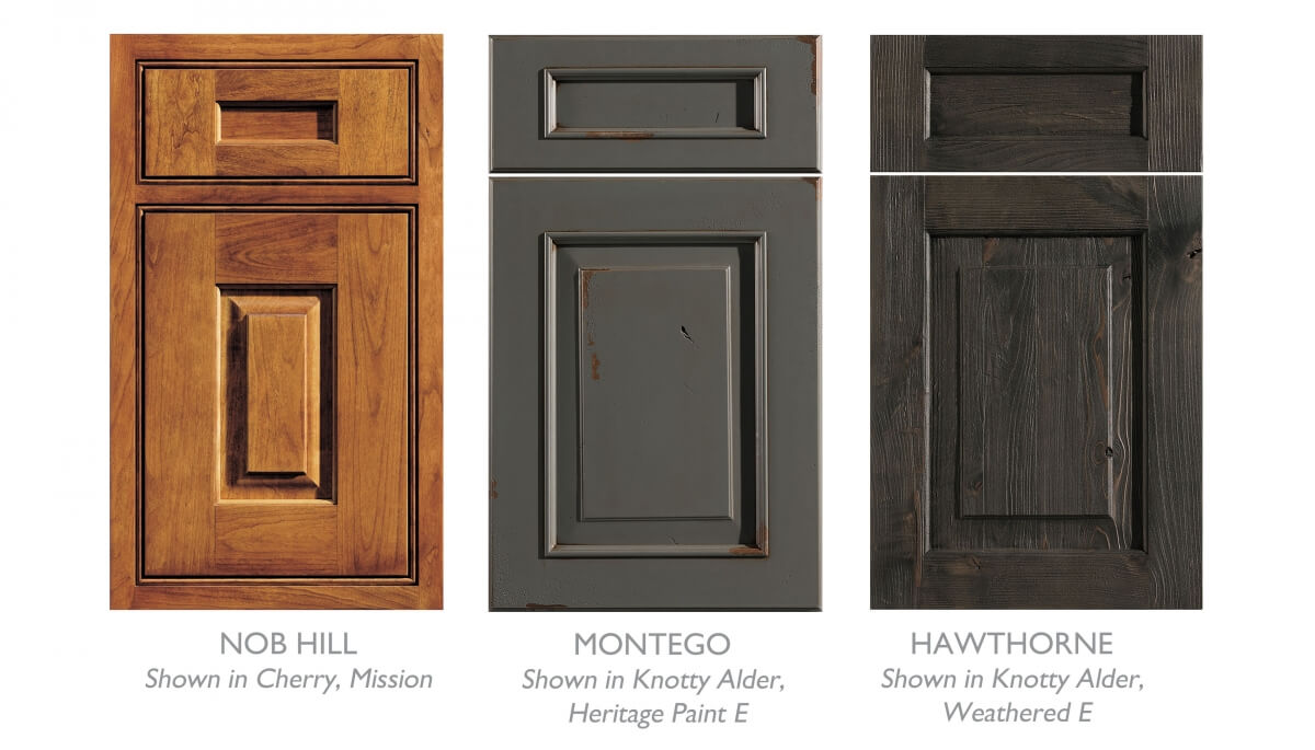 A sample of Mountain Resort style cabinet doors with rustic finish options from Dura Supreme Cabinetry.