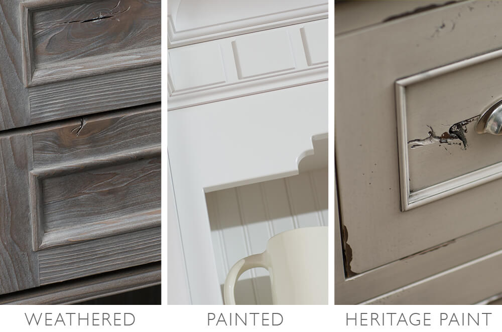 Cottage style materials and finishes. Weathered finishes, Painted cabinets, and Distressed Paint (Heritage Paint) finishes.