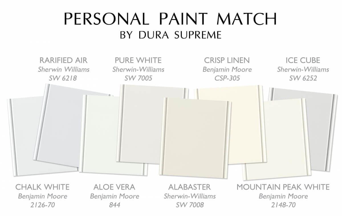 A small sampling of white paint options that are available with Dura Supreme's affordable Personal Paint Match program.