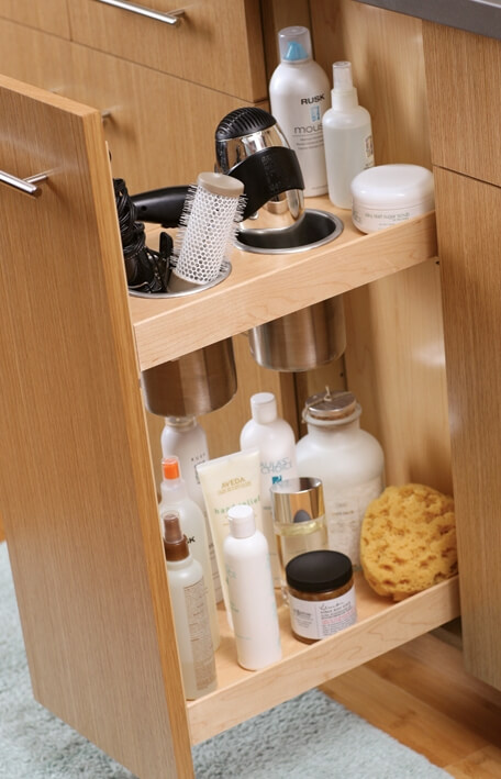 Bathroom Vanity Grooming Rack in a Pull-out vanity cabinet by Dura Supreme Cabinetry.