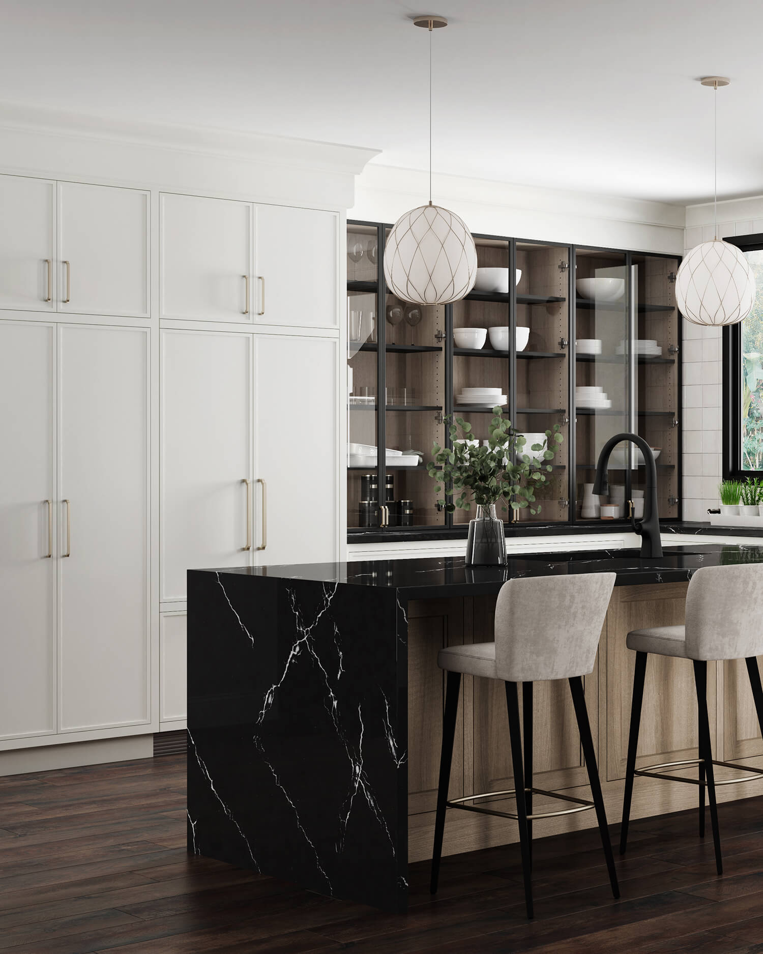 A great example of a counter-depth paneled refrigerator appliance, that fits seamlessly with the surrounding cabinets.