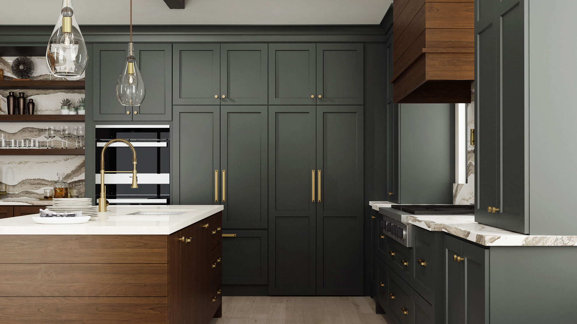Dark gray-green and rich stained wood kitchen with modern farmhouse style, shiplap wood hood, shiplap kitchen island end cap, and brassy hardware and fixtures. Features floor-to-ceiling dark gray painted cabinets.