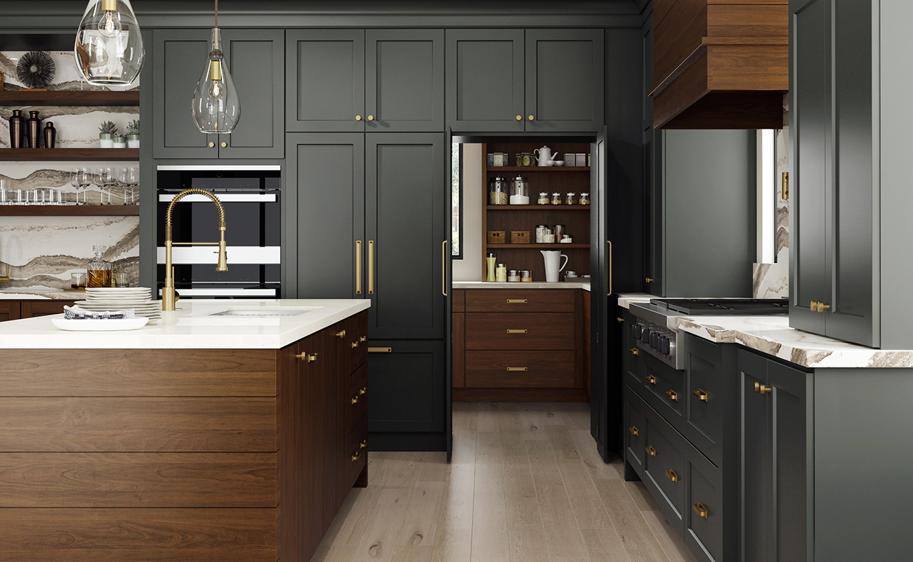 A beautiful modern farmhouse kitchen design with semi-custom and custom kitchen cabinets in two-tone colors. Stained wood shiplap flanks the kitchen island end cap and the modern wood hood while the rest fo the the cabinetry features a dark painted finish.