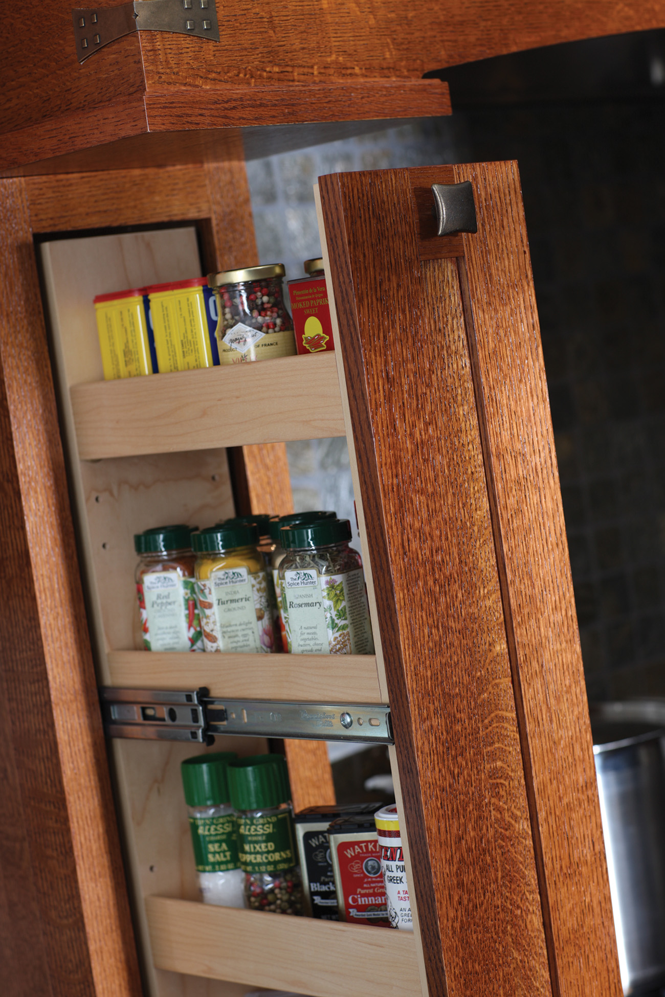 Pull-Out Spice Rack in Wood Hood with Tower or Pillar