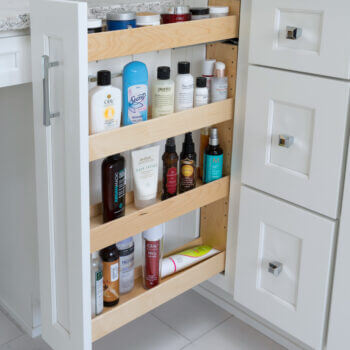 Thin Vanity Pull-Out Storage bathroom cabinet in a vanity provides lots of easy-to-reach bathroom storage.