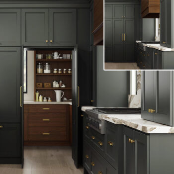 Pass Through Walk In Pantry Doors by Dura Supreme Cabinetry in a dark gray painted modern farmhouse kitchen design.