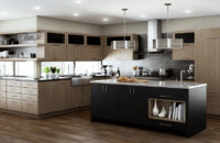 A contemporary kitchen in an urban condo with quarter-sawn oak cabinets and a black painted kitchen island with black backpainted glass cabinet doors as accents.