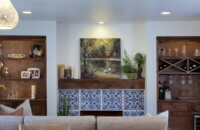 A modern transitional fireplace wall with built-in bookshelves and blue and white hand-painted tiles.