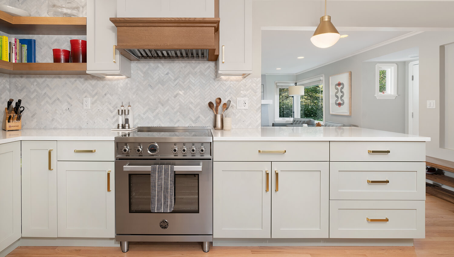 This kitchen with a peninsula extends with more countertop space and storage.