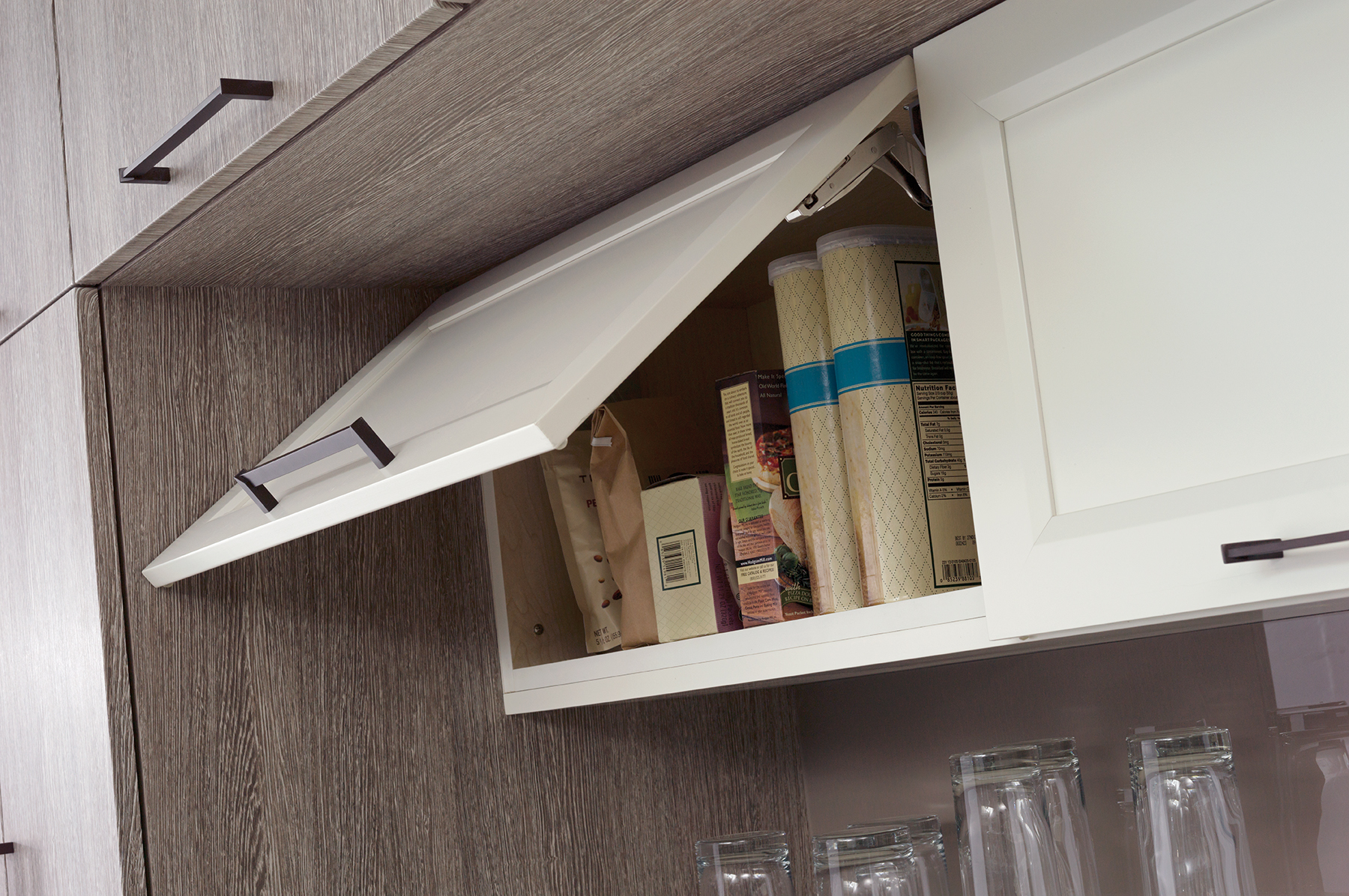 Dura Supreme wall stay-lift cabinet door with hinge-top mechanism.