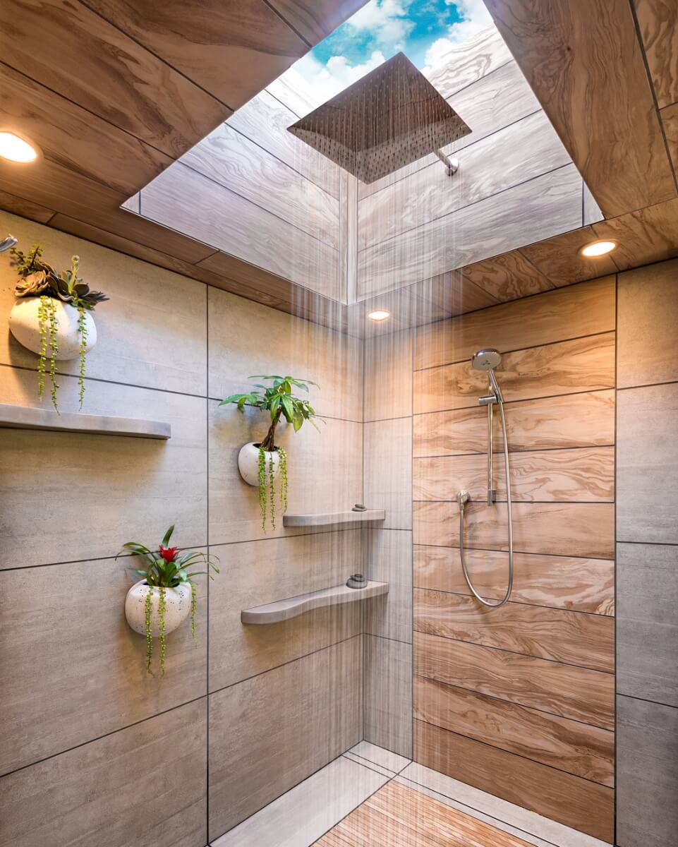 Close-up of skylight in shower, Design by Mantis Design Build in Minneapolis, MN