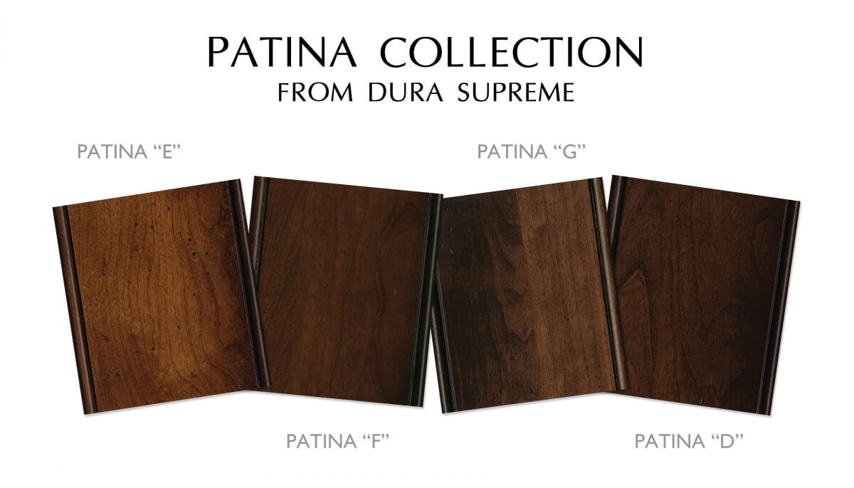 Dura Supreme's antiqued, distressed stained and glazed cabinets. Patina Finish Collection.