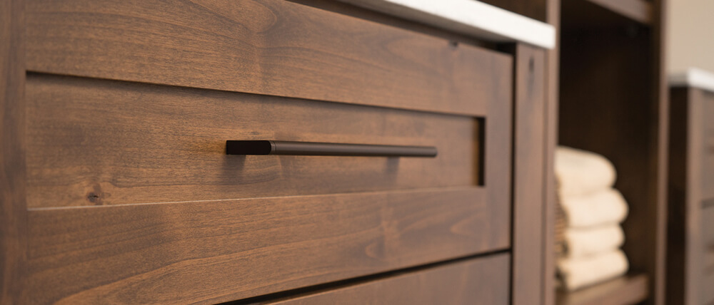 Close up of medium stain finish on cabinets from Dura Supreme.