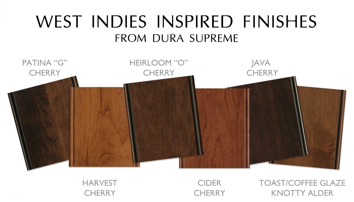 A collection of traditional West Indies style cabinet finish colors from Dura Supreme Cabinetry.