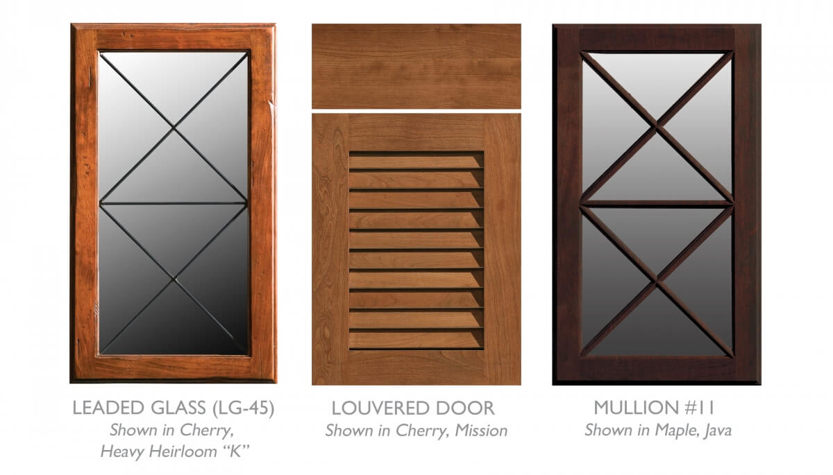 A collection of accent cabinet doors by Dura Supreme that work well for a traditional tropical kitchen design. This example shows a leaded glass door and a mullion door with an X-motif as well as a louvered door designed for cabinet ventilation and airflow in humid environments.