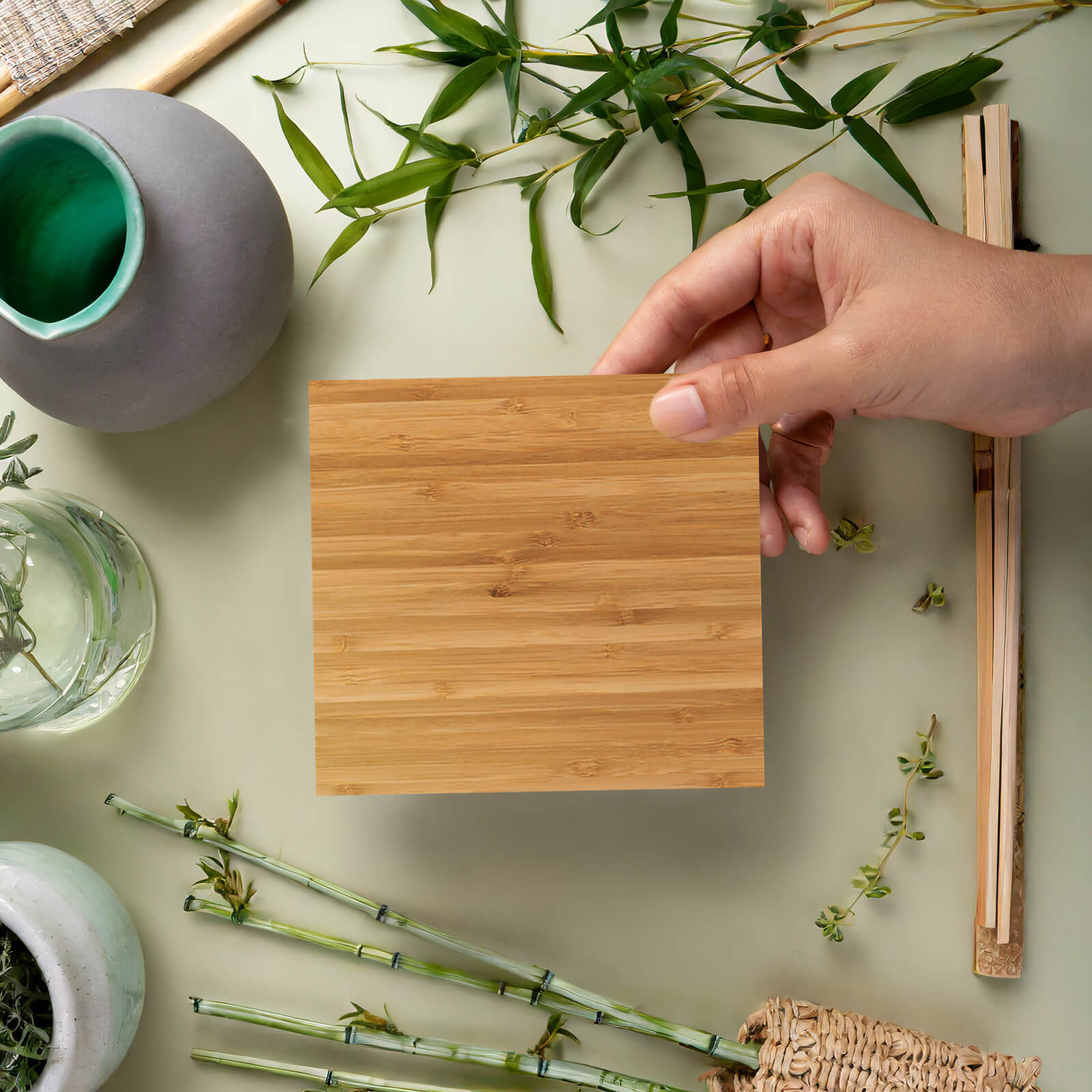 This horizontal grain natural bamboo finish sample highlights the warmth, texture, and contemporary character of modern custom kitchen cabinets. The clean grain pattern complements slab door cabinetry, creating a streamlined aesthetic inspired by natural materials.