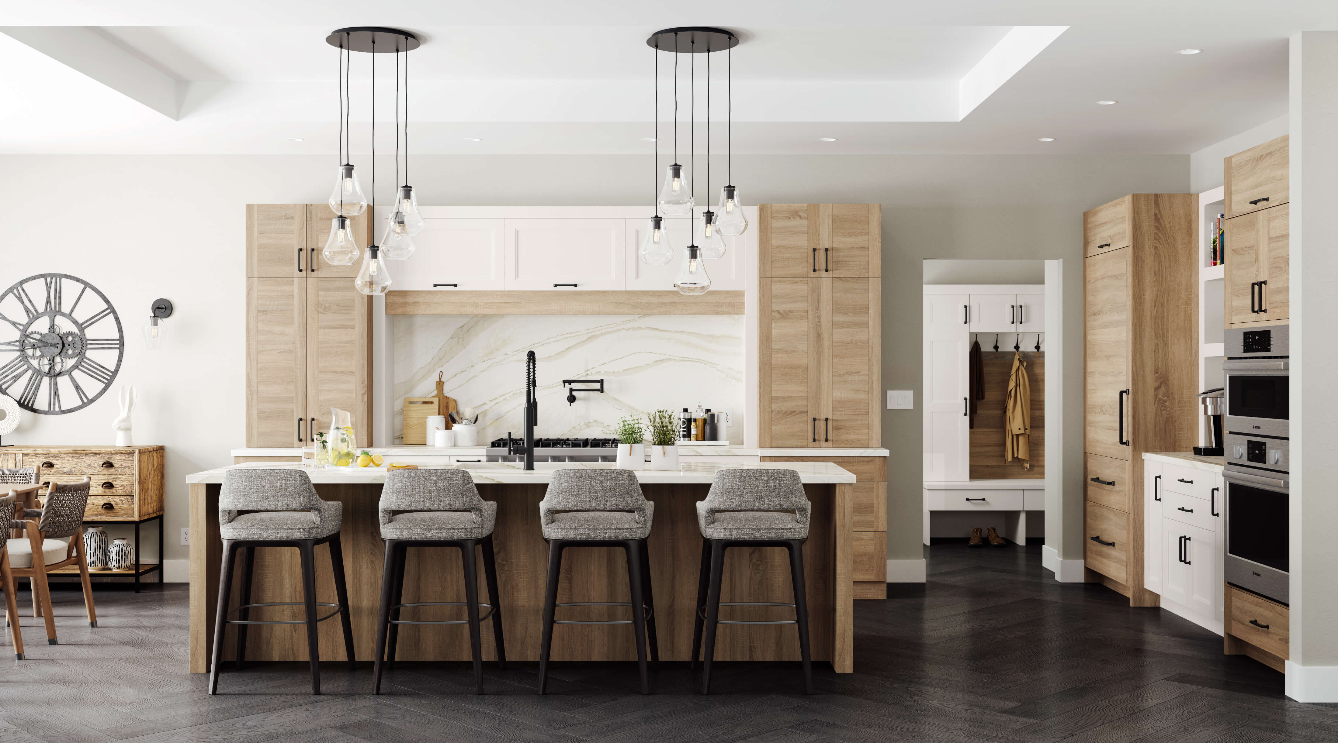 A modern Scandinavian style kitchen design with off-white painted cabinets paired with textured Oak cabinets with wood plank-like doors. The Scandi styled kitchen island has seating for four guests and a kitchen sink with a spacious clean-up zone.