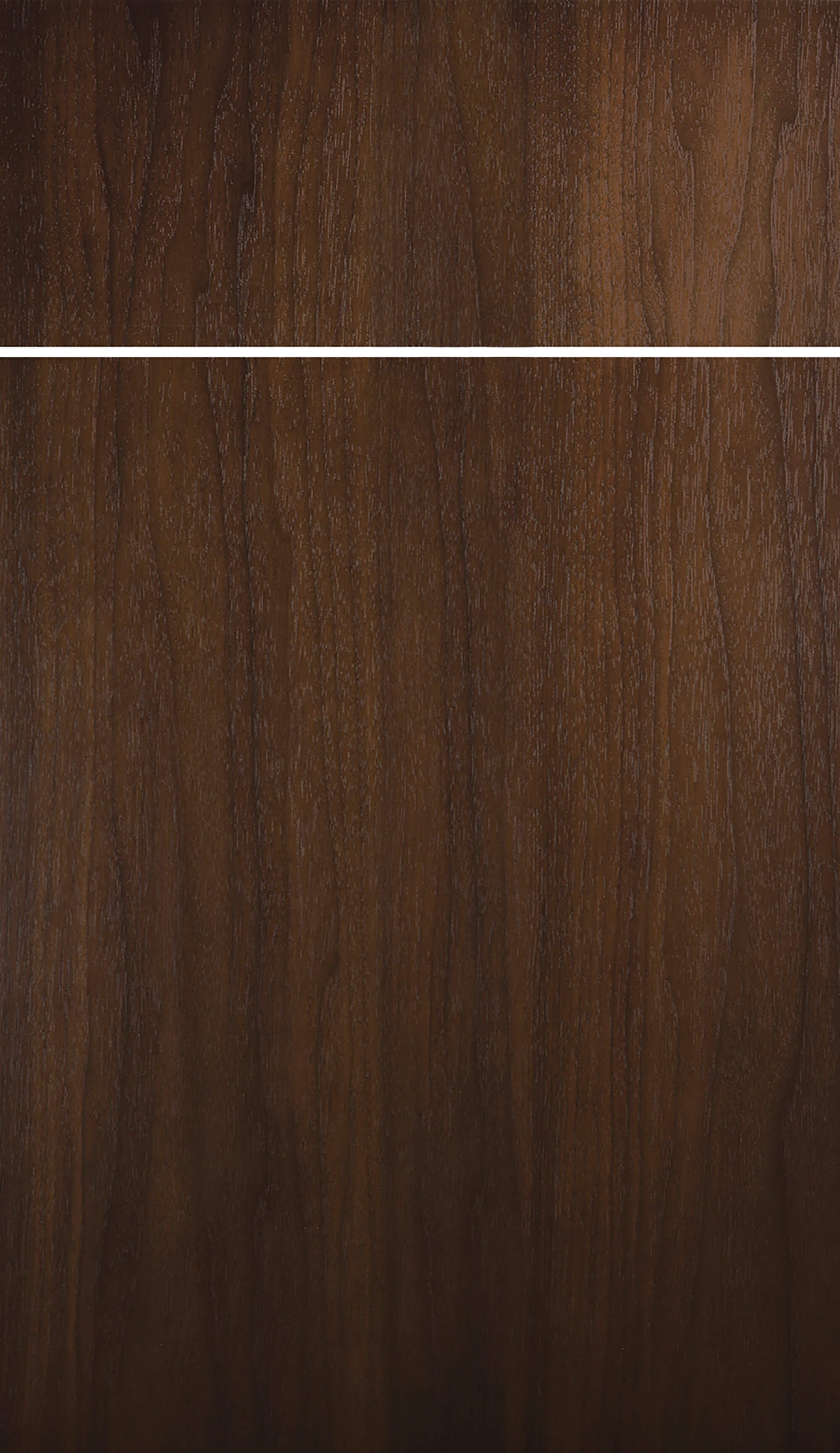 A warm stained walnut on a sleek, modern slab door style from Dura Supreme Cabinetry.