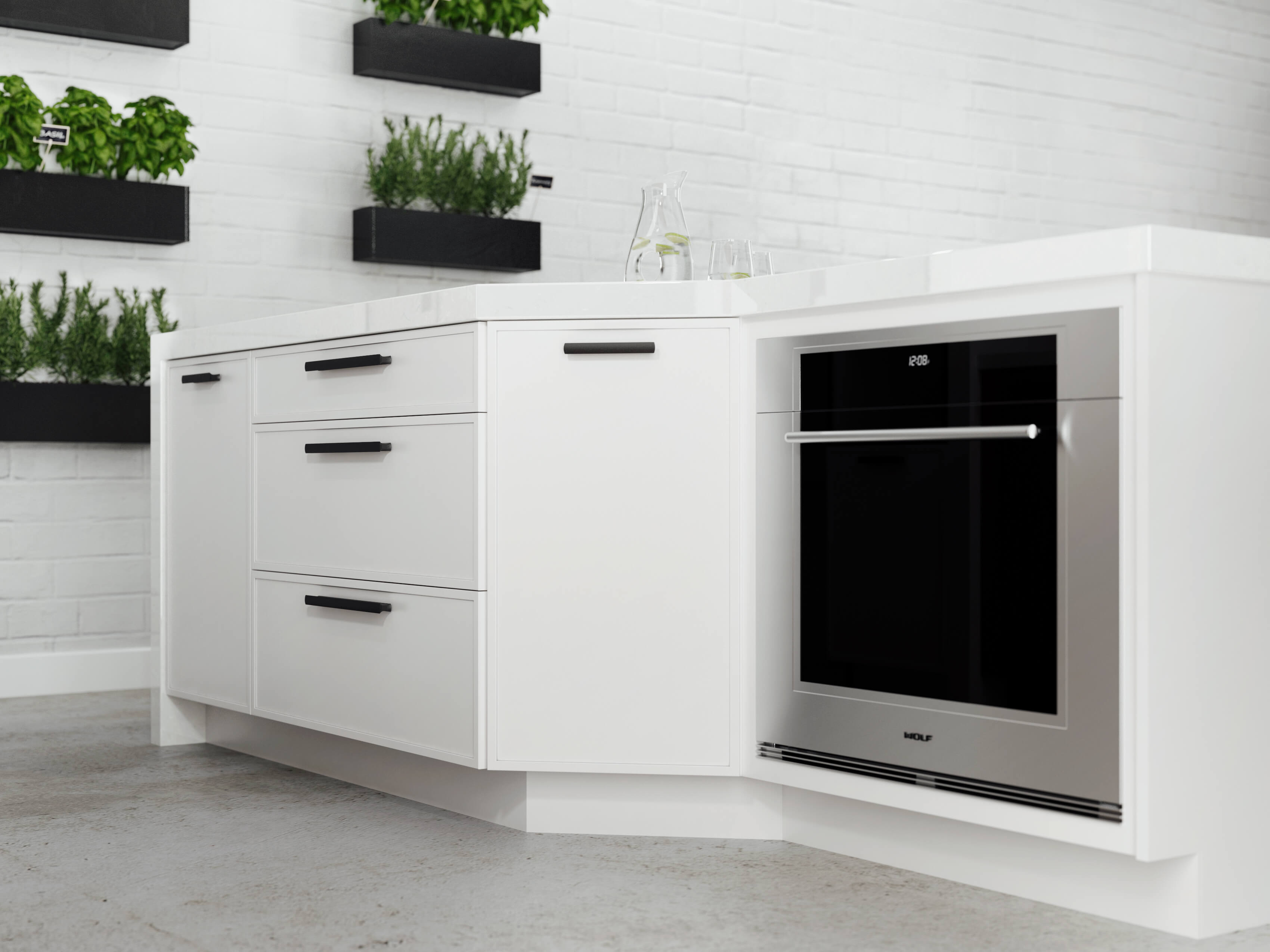 An angled white painted kitchen island in a modern kitchen with a skinny shaker door style.