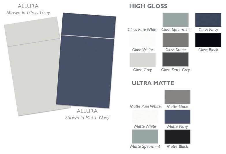Dura Supreme Cabinetry's collection of acrylic cabinet colors in both glossy and matte finishes.