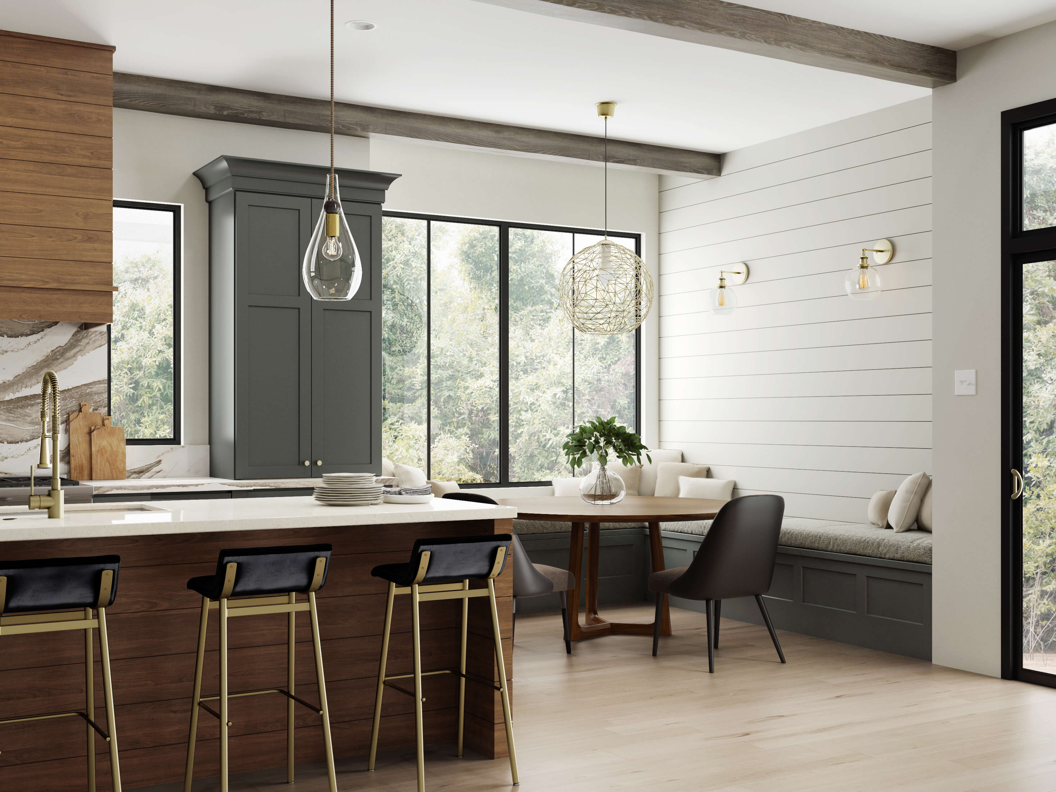 Dark gray-green and rich stained wood kitchen with a breakfast nook and built-in seating in a new modern farmhouse. A shiplap accent wall adds a farmhouse style to the dining area.