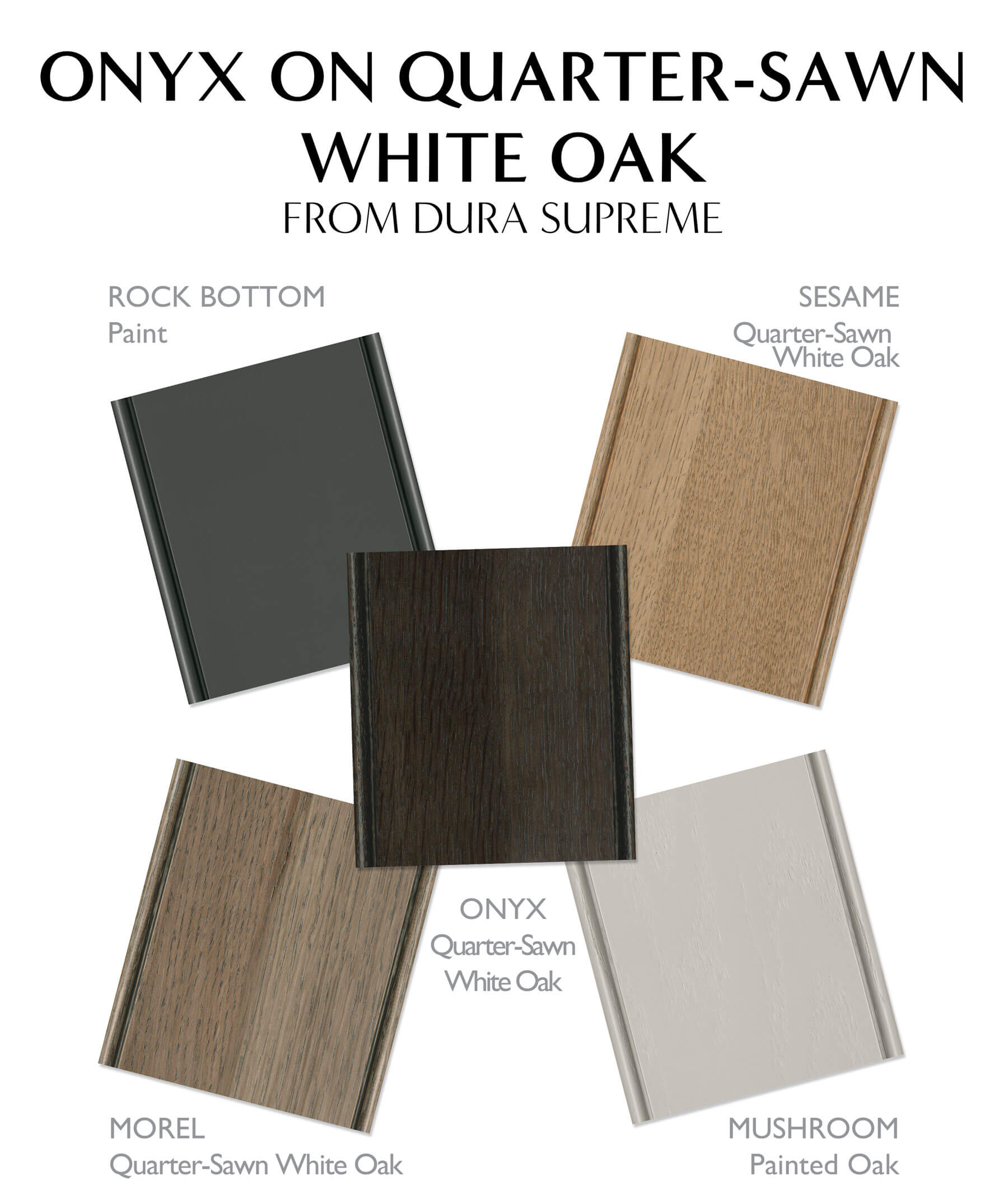 Cabinet pairings to go with an almost black stain color on Quarter-Sawn White Oak called Onyx from Dura Supreme.