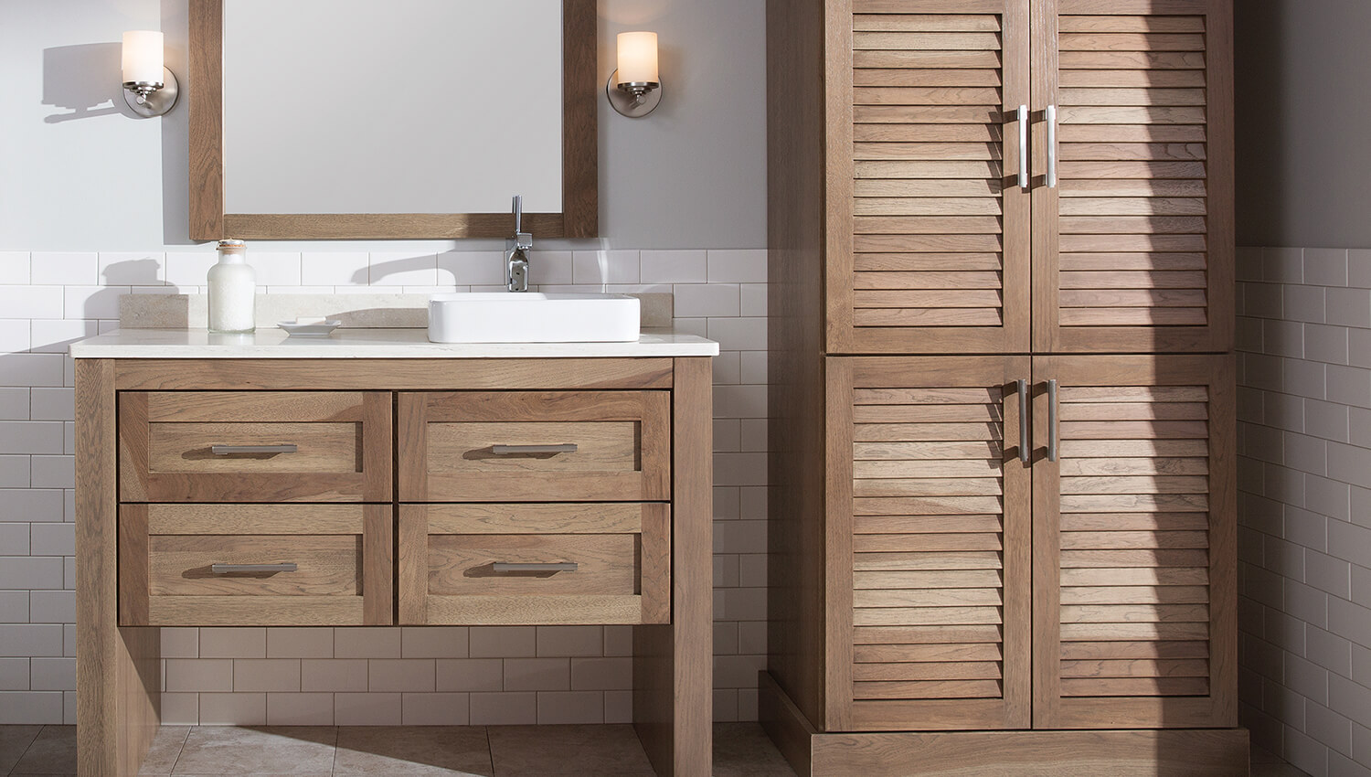 Dura Supreme’s STYLE SIX furniture series is designed to create a sleek, minimalist appeal. Bookended on both sides and across the top, a set of doors and/or drawers are suspended beneath the countertop. This vanity was designed to have the optional no shelf below the cabinets which exposes more of the flooring making a small room feel more expansive.