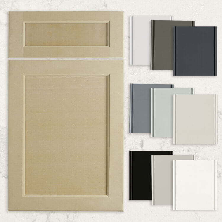A Premium High-Density Fiberboard (HDF) cabinet door that is unpainted next to several and painted finish color chip samples in a variety of cabinet colors.