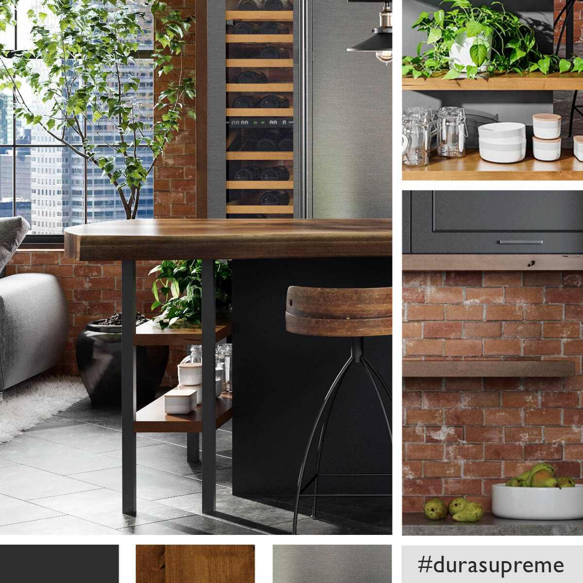 An industrial styled kitchen with a beautiful color scheme using black, rich true brown woods, red brick, and cool stainless steel materials.