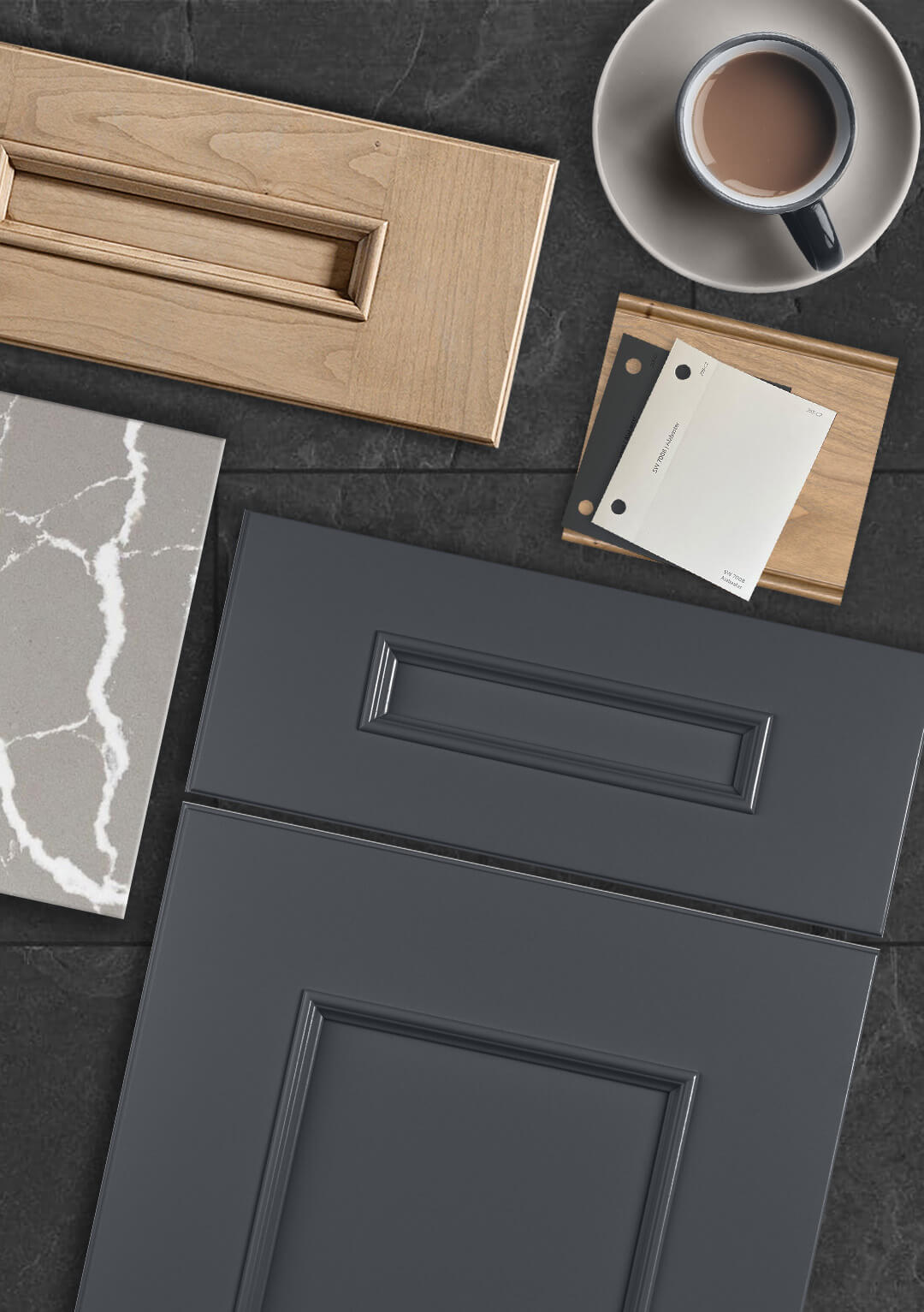 A kitchen color board with a dark navy blue painted cabinet door paired with a light cherry wood door and dark gray accents.