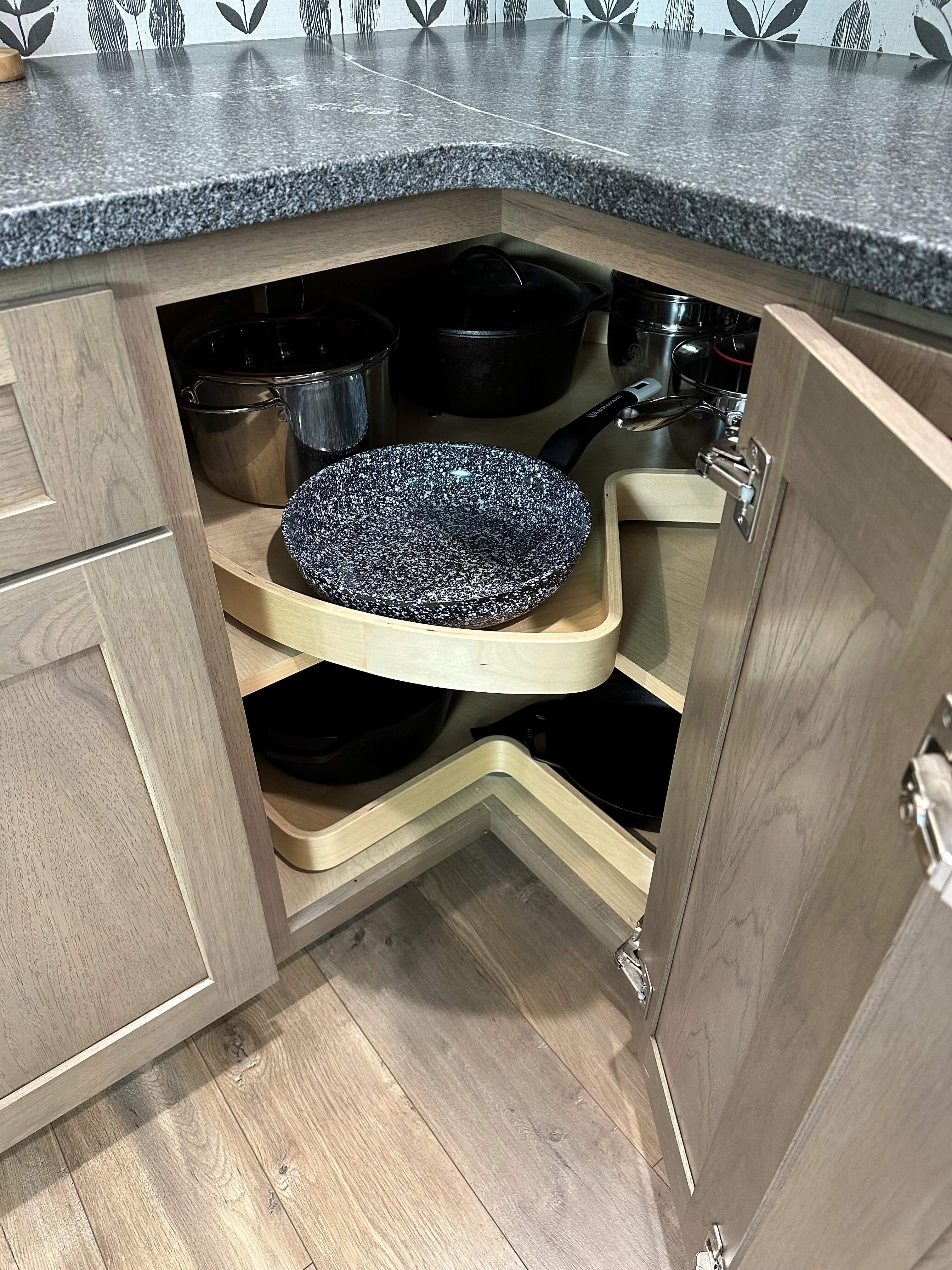 a state-of-the-art lazy Susan cabinet with seprate spinning shelves and sturdy hardware.