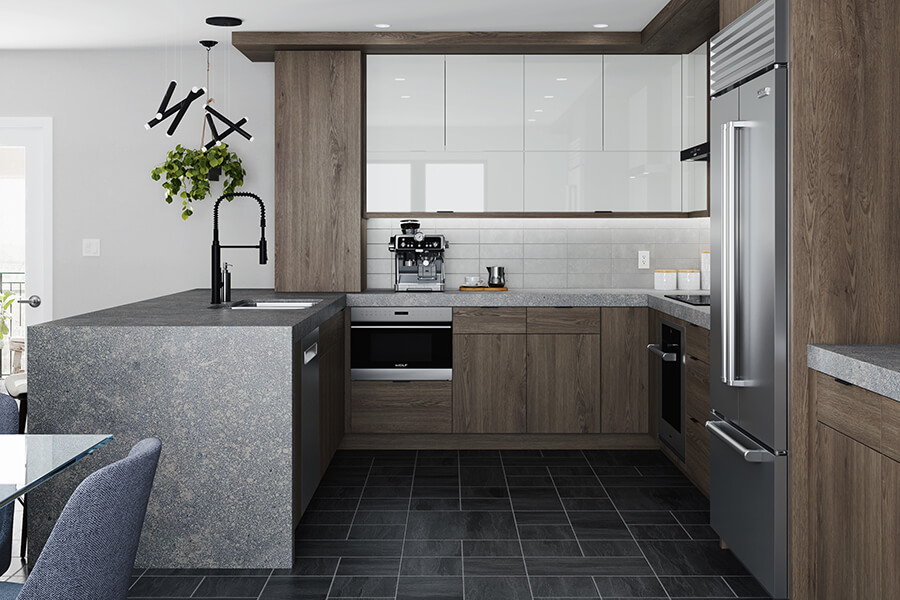 A contemporary kitchen with modern, glossy acrylic cabinets and gray stained wood cabinets using Full Access cabinets rom Dura Supreme Cabinetry.