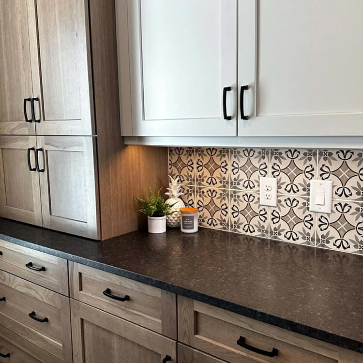 A close of of the stained shaker cabinets with a true-brown undertone.