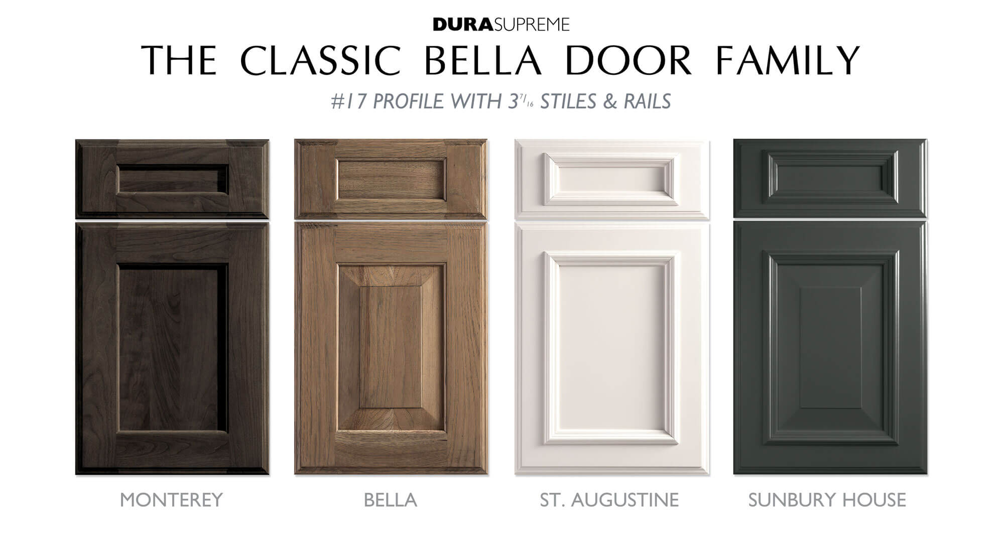 The Classic Resort Door Family. A traditional styled cabinet door style family with detailed profiles and wide rails and stiles by Dura Supreme Cabinetry.