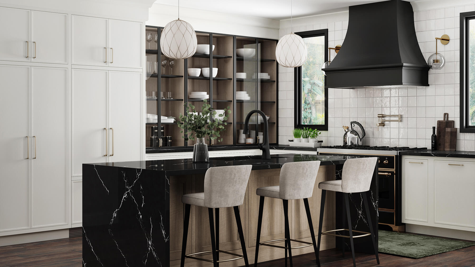 A beautiful trendy kitchen design with white cabinets and metal black framed cabinet doors.