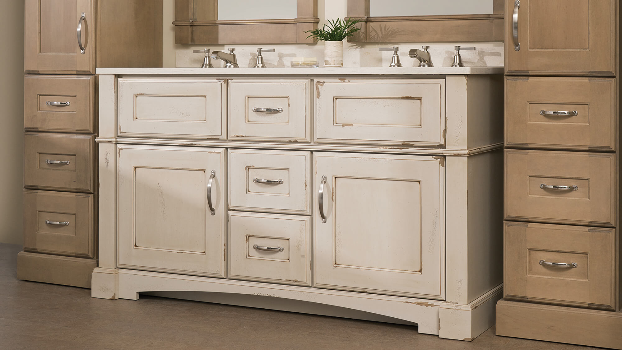 A rustic, shabby chic styled bathroom with furniture styled vanity featuring a distressed painted finish for a worn look. Dura Supreme Cabinetry's Furniture Vanity Style #4.