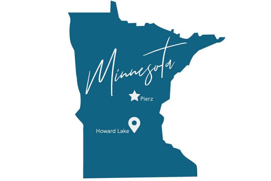 Map of Minnesota showing the Howard Lake and Pierz locations for Dura Supreme Cabinetry.