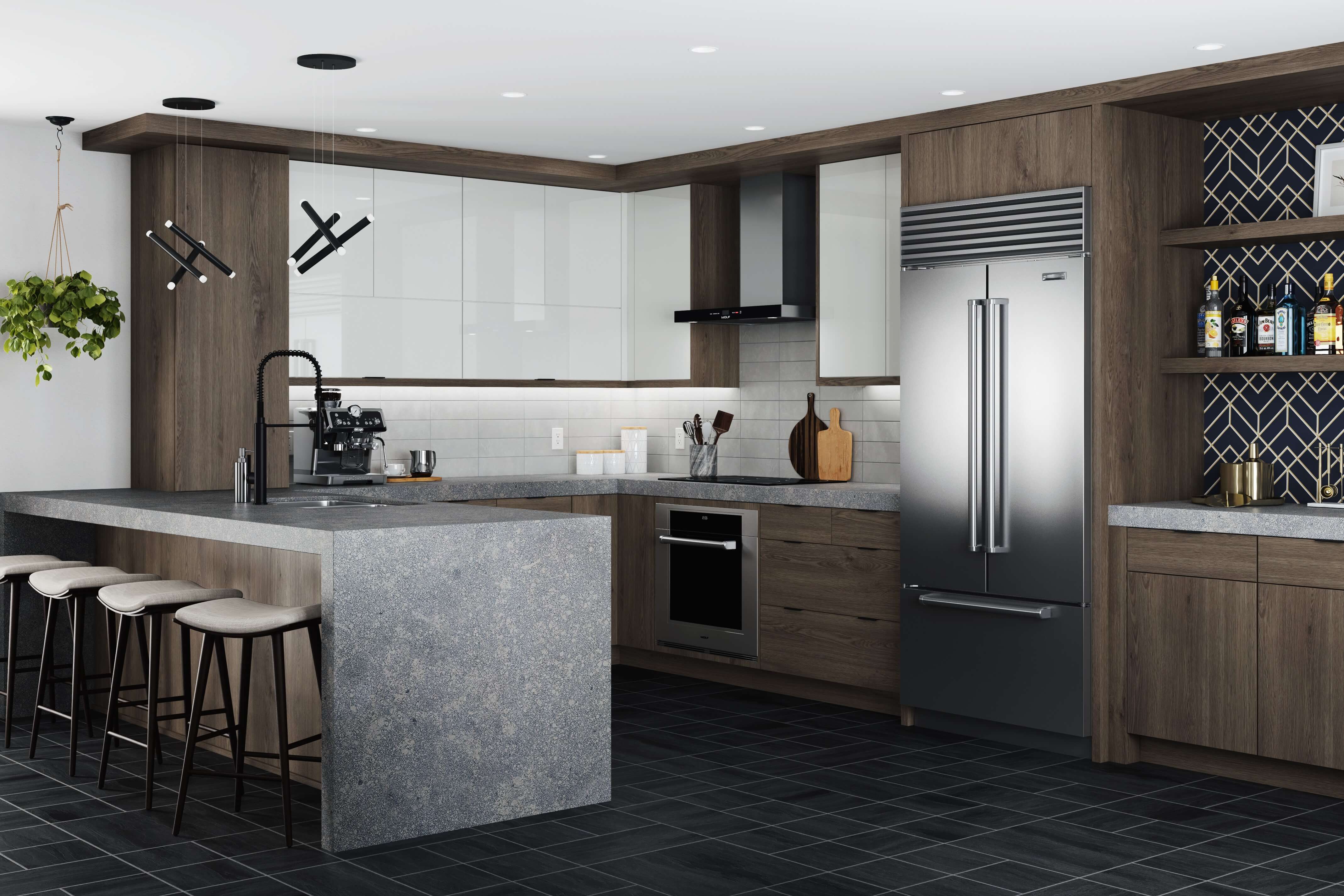A contemporary kitchen design combining slab cabinets in Red Oak paired by ultra glossy white acrylic cabinets.