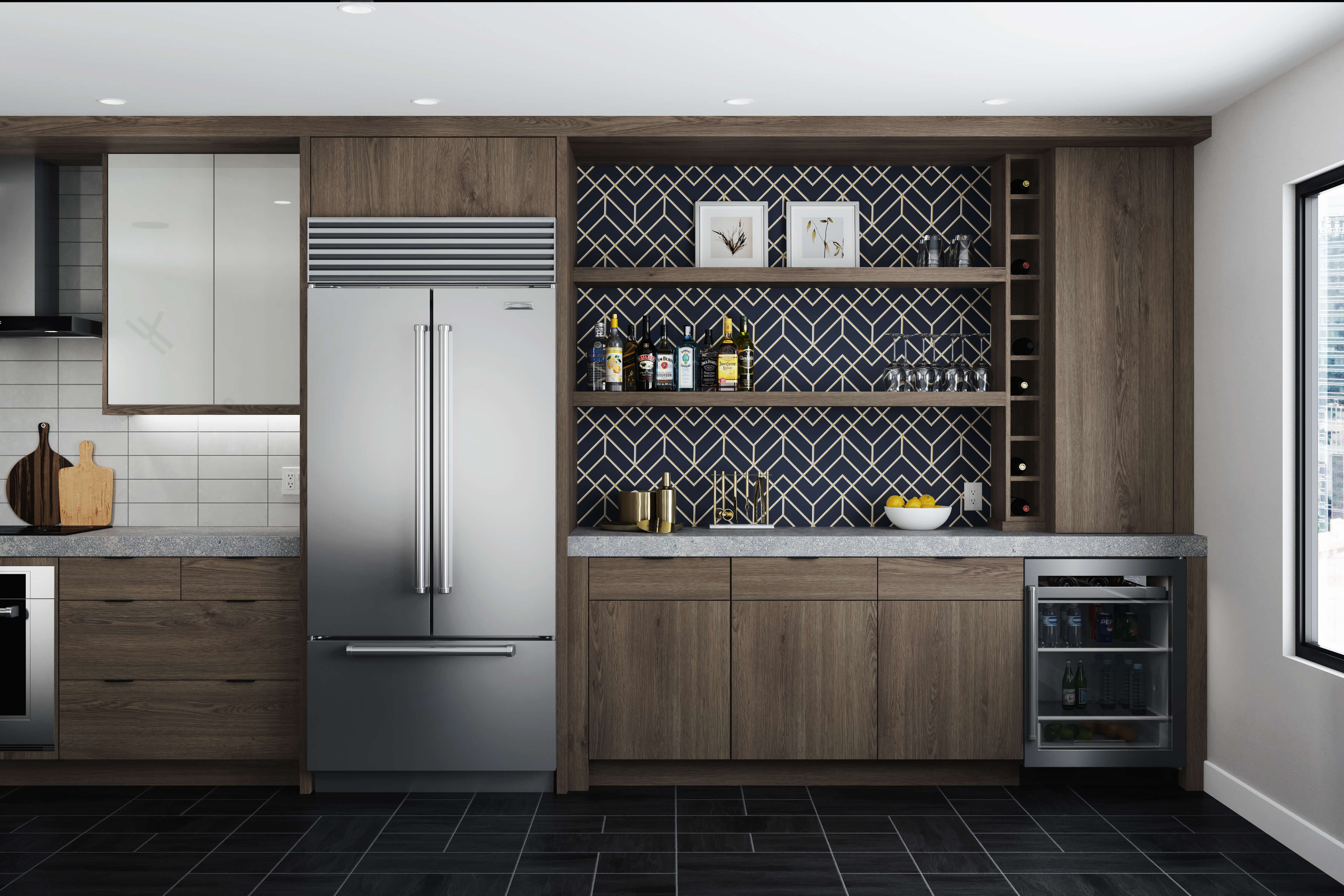 A Scandinavian styled kitchen with a white painted shiplap wood hood and true-brown stained shaker style cabinets in the Red Oak wood species.