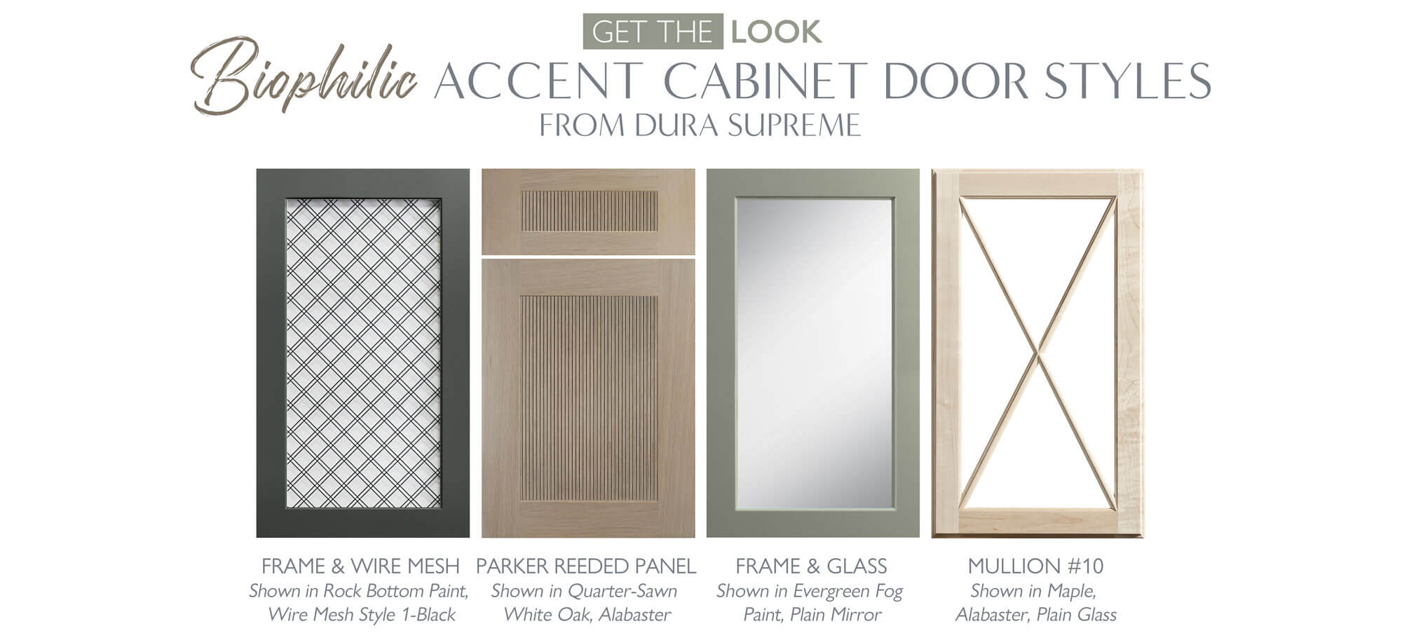 Biophilic Accent Cabinet Door Styles from Dura Supreme. Showing cabinet doors with wire mesh inserts, glass, mirror, and reeded panels.