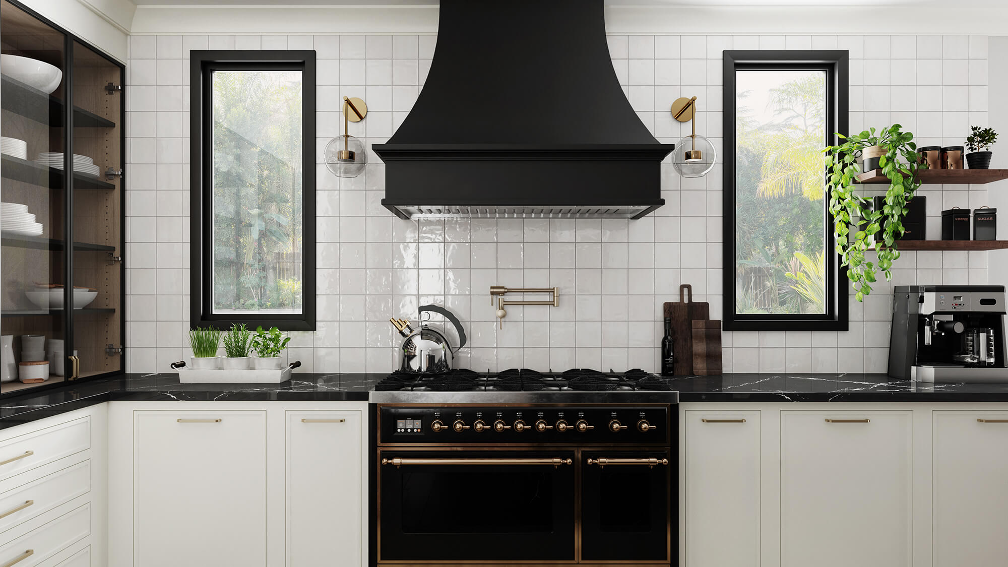A stunning black and white kitchen design with a well-designed cooking zone space with a beautiful black curved wood hood and skinny shaker inset cabinets.
