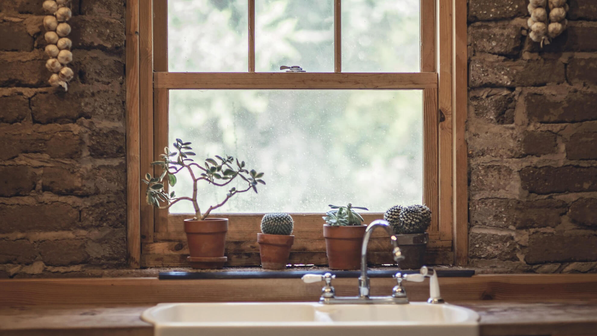 A nature-inspired kitchen sink space with a raw, rough brick wall, natural finished millwork, small houseplants, and earthy touches.